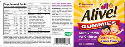 Photo of the Nature's Way Alive! Gummies Multi-Vitamin For Children label