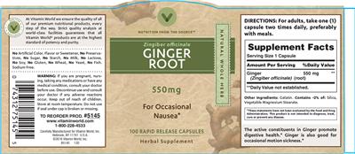 Photo of the Vitamin World Ginger Root 550 mg label
