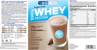 Photo of the BioChem 100% Sugar Free Whey Protein Chocolate Flavor label