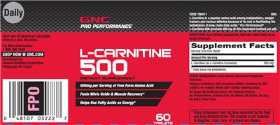 Photo of the GNC Pro Performance L-Carnitine 500 label