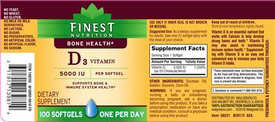 Photo of the Finest Nutrition D3 Vitamin 5000 IU label