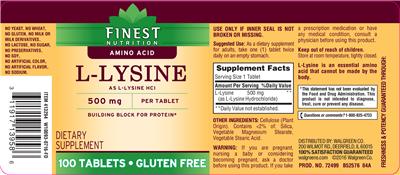 Product label for L-Lysine 500 mg
