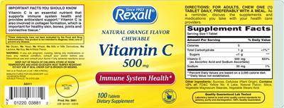 Photo of the Rexall Natural Orange Flavor Chewable Vitamin C 500 mg label