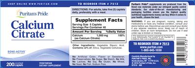 Photo of the Puritan's Pride Calcium Citrate label