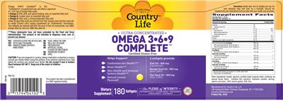 Photo of the Country Life Ultra Concentrated Omega 3-6-9 Complete Natural Lemon Flavored label