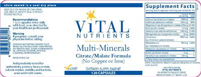 Photo of the Vital Nutrients Multi-Minerals (no Copper or Iron) label
