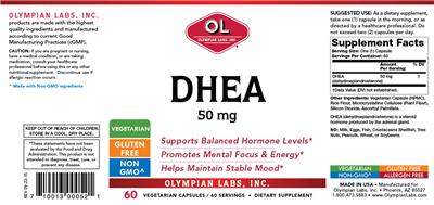 Photo of the OL Olympian Labs DHEA 50 mg label