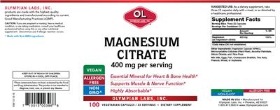 Photo of the OL Olympian Labs Magnesium Citrate 400 mg label