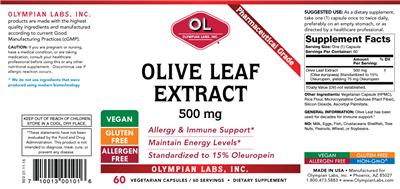 Photo of the OL Olympian Labs Olive Leaf Extract 500 mg label