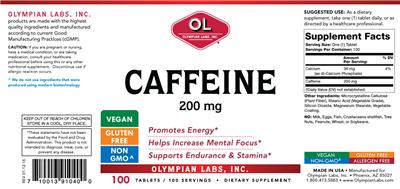 Photo of the OL Olympian Labs Caffeine 200 mg label