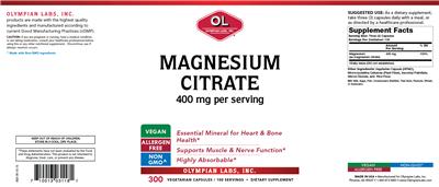 Photo of the OL Olympian Labs Magnesium Citrate 400 mg label