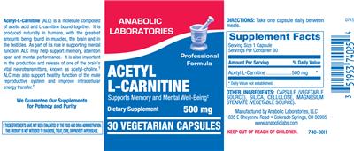 Photo of the Anabolic Laboratories Acetyl L-Carnitine 500 mg label
