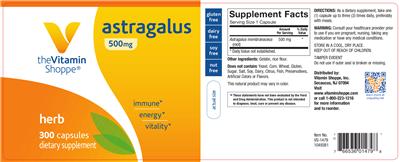 Photo of the The Vitamin Shoppe Astragalus 500 mg label