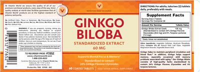Photo of the Vitamin World Ginkgo Biloba Standardized Extract 60 mg label