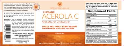 Photo of the Vitamin World Chewable Acerola C Sweet And Tangy Berry Flavor label