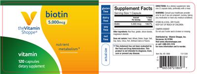 Photo of the The Vitamin Shoppe Biotin 5,000 mcg label