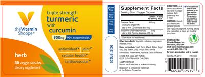 Photo of the The Vitamin Shoppe Triple Strength Turmeric With Curcumin 900 mg label