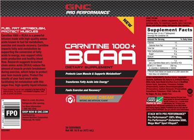 Photo of the GNC Pro Performance Carnitine 1000 + BCAA Orange Cream label