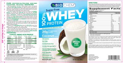 Photo of the BioChem 100% Sugar Free Whey Protein Coconut Flavor label