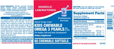 Photo of the Anabolic Laboratories Natural Orange-Cream Kids Chewable Omega 3 Pearls EPA & DHA label
