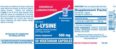 Photo of the Anabolic Laboratories L-Lysine 500 mg label