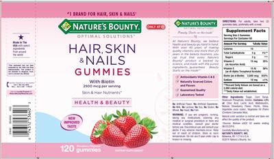 Photo of the Nature's Bounty Optimal Solutions Hair, Skin & Nails Gummies with Biotin Strawberry Flavored label