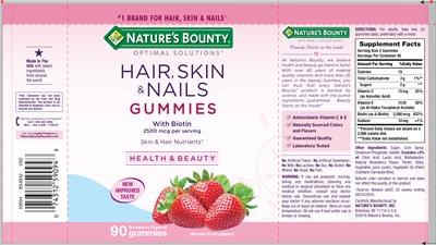 Photo of the Nature's Bounty Optimal Solutions Hair, Skin & Nails Gummies With Biotin Strawberry Flavored label