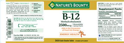 Photo of the Nature's Bounty Quick Dissolve B-12 Methylcobalamin 2500 mcg label
