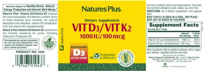 Photo of the Natures Plus Vit D3/Vit K2 label