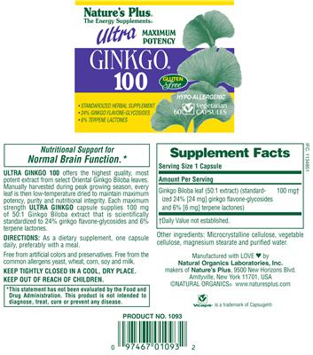 Photo of the Nature's Plus Ultra Ginkgo 100 label