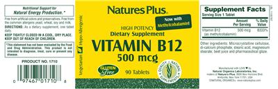 Photo of the Natures Plus Vitamin B12 500 mcg label