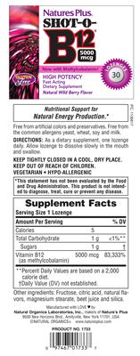 Photo of the Natures Plus Shot-O-B12 5000 mcg Natural Wild Berry Flavor label