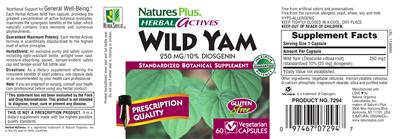 Photo of the Natures Plus Herbal Actives Wild Yam 250 mg label