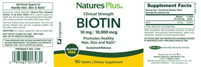 Photo of the Natures Plus Clinical Strength Biotin 10 mg label