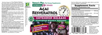 Photo of the Nature's Plus Herbal Actives Acai Resveratrol Extended Release label