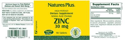 Photo of the Natures Plus Zinc 30 mg label