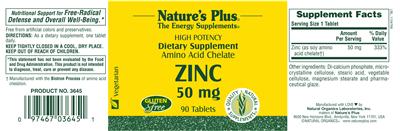 Photo of the Nature's Plus Zinc 50 mg label