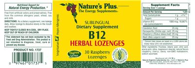 Photo of the Nature's Plus Sublingual B12 Herbal Lozenges label