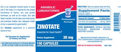 Photo of the Anabolic Laboratories Zinotate 30 mg label