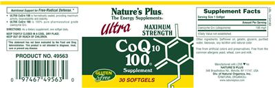 Photo of the Nature's Plus Ultra Maximum Strength CoQ10 100 label