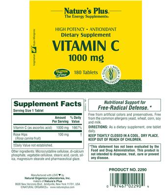 Photo of the Nature's Plus Vitamin C 1000 mg label