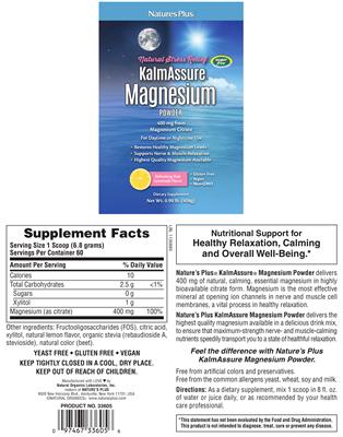 Photo of the Natures Plus KalmAssure Magnesium Powder 400 mg Refreshing Pink Lemonade Flavor label