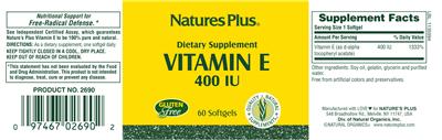Photo of the Nature's Plus Vitamin E 400 IU label