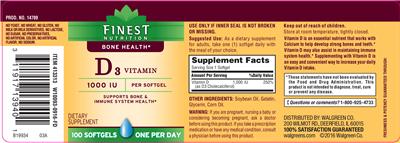 Photo of the Finest Nutrition D3 Vitamin 1000 IU label