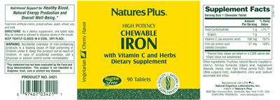 Photo of the Natures Plus High Potency Chewable Iron Cherry Flavor label