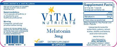 Photo of the Vital Nutrients Melatonin 3 mg label
