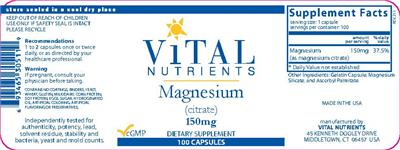 Photo of the Vital Nutrients Magnesium (Citrate) 150 mg label