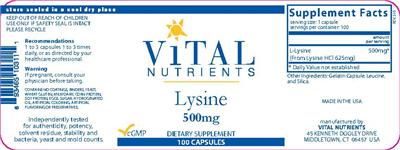 Photo of the Vital Nutrients Lysine 500 mg label