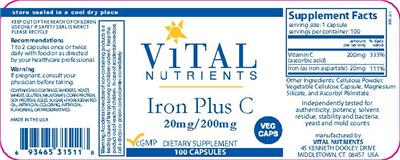 Photo of the Vital Nutrients Iron Plus C 20 mg/200 mg label