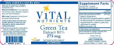 Photo of the Vital Nutrients Green Tea Extract 80% 275 mg label